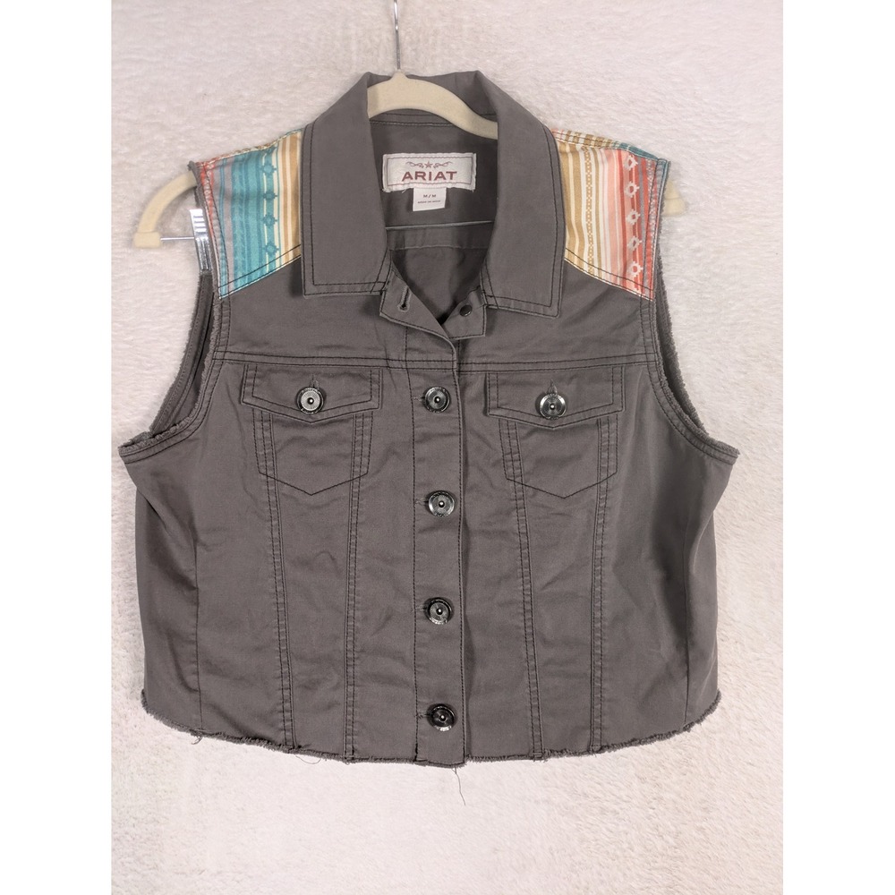 Ariat Vest Women's Medium Grey Serape Yoke Frayed Hem Button Up Western